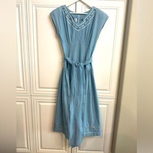 Vintage Algo-Ettes Womens Size 9 Cap Sleeve V-Neck Blue Cotton Midi Dress w/Gems